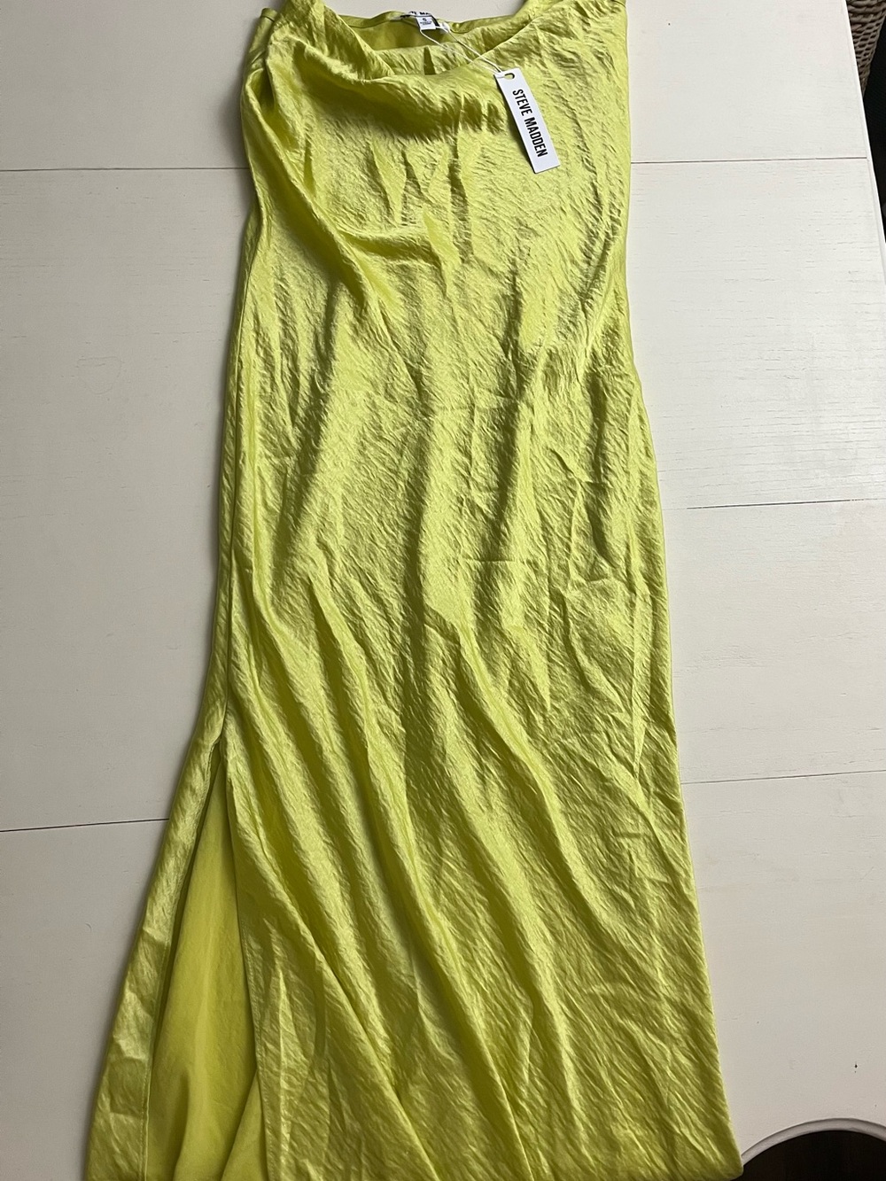 NWT Steve Madden Golden Lime Crinkled Satin Bias Slip Maxi Dress Size S